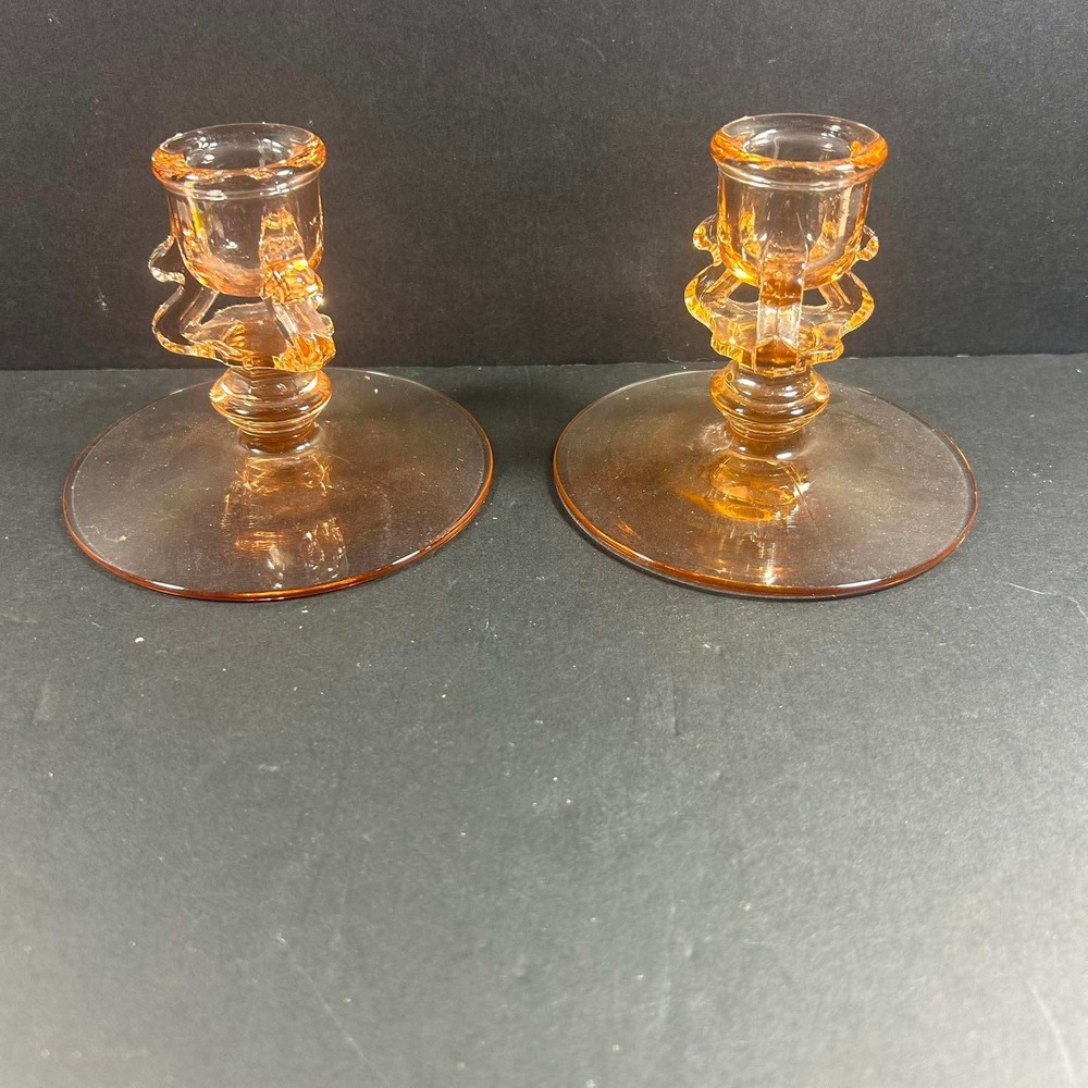 Candle Holders Peach Pink Depression Glass Art Deco Style Set of 2